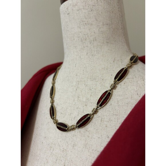Monet Deep Red Enameled Necklace 16-18 Inches Gold Tone Extenders Signed - Picture 2 of 10